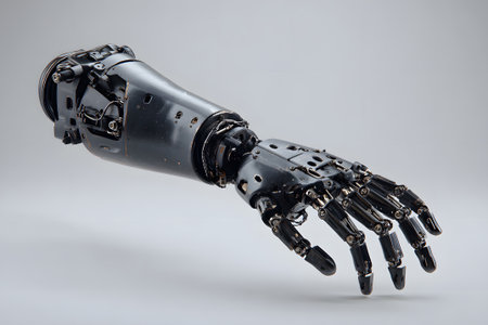 A detailed view of a robotic hand featuring numerous joints, sensors, and intricate mechanisms. The futuristic design suggests potential use in medicine, research, and manufacturing.の素材