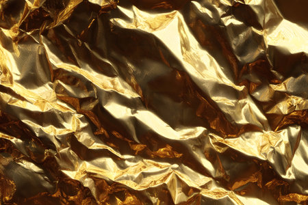 This close up shows a crumpled golden foil with shiny reflective surfaces creating interesting patterns. The texture adds depth and visual appeal for various creative projects.の素材