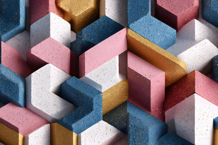 Colorful geometric shapes create a modern decorative pattern with texture and depth in a stylish arrangementの素材