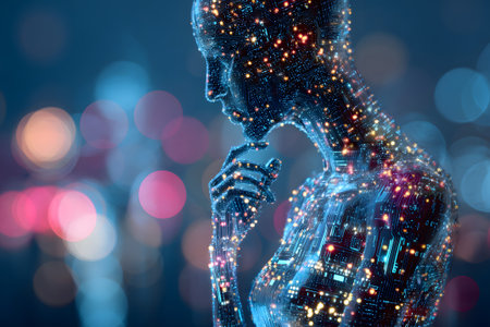 A digital figure filled with bright circuitry is shown in a thoughtful pose. The soft bokeh background features colorful lights, enhancing the futuristic feel. The scene combines technology and art.の素材
