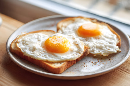 Two perfectly fried eggs with bright yolks sit on slices of toasted bread. The plate is placed on a wooden table near a window, creating a warm and inviting atmosphere.の素材