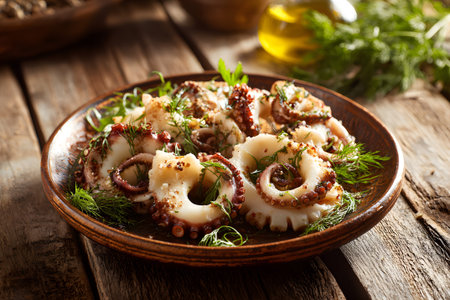 Grilled octopus sits on a rustic plate, garnished with fresh herbs and spices. The dish displays rich colors and textures, highlighting its appealing preparation.の素材