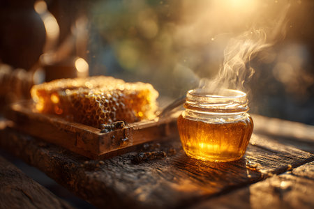 Golden honey fills a glass jar while a piece of honeycomb rests on a wooden tray. Sunlight casts a warm glow, creating a cozy atmosphere perfect for enjoying nature's sweetness.の素材
