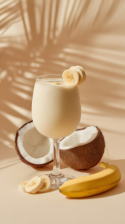 A creamy banana coconut smoothie sits in a tall glass with a slice of banana on the rim. Nearby, ripe bananas and a halved coconut add to the tropical feel, creating a vibrant, refreshing scene.の素材