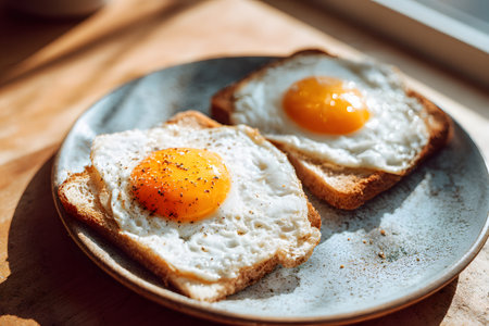 Two perfectly fried eggs with bright yolks sit on slices of toasted bread. The plate is placed on a wooden table near a window, creating a warm and inviting atmosphere.の素材