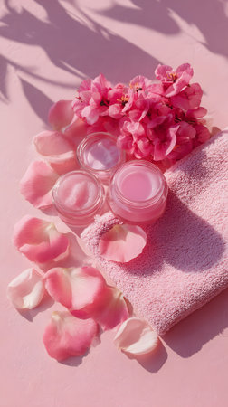 Delicate pink beauty products are arranged on a light surface, accompanied by fresh flowers and a soft towel, creating a calming and inviting atmosphere for self-care.の素材
