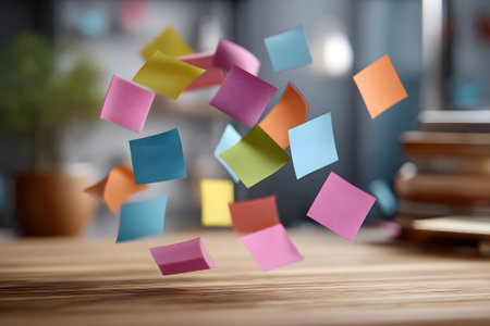 Bright sticky notes in pink, yellow, and orange are scattered mid-air in an office setting. The organized workspace features stationery and books, enhancing its creative vibe.の素材