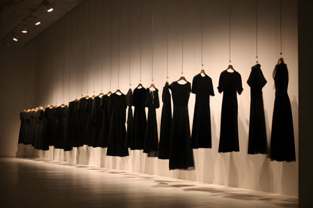 A clothing boutique features a row of stylish garments hanging on wooden hangers. Soft lighting enhances the elegant design and colors of the clothes, creating a calm atmosphere.の素材