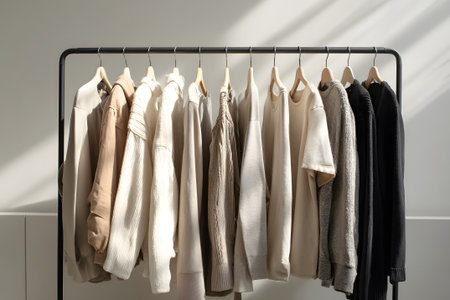 A collection of modern jackets and sweaters in warm neutral colors is displayed on a rack. Soft sunlight gently illuminates the clothing, creating a cozy atmosphere.の素材