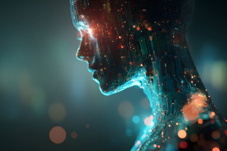 A digital figure filled with bright circuitry is shown in a thoughtful pose. The soft bokeh background features colorful lights, enhancing the futuristic feel. The scene combines technology and art.の素材