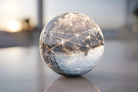 A transparent globe displays illuminated network connections across continents, showcasing a global digital landscape during sunset. The warm glow highlights interconnectedness.の素材