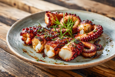 Grilled octopus sits on a rustic plate, garnished with fresh herbs and spices. The dish displays rich colors and textures, highlighting its appealing preparation.の素材
