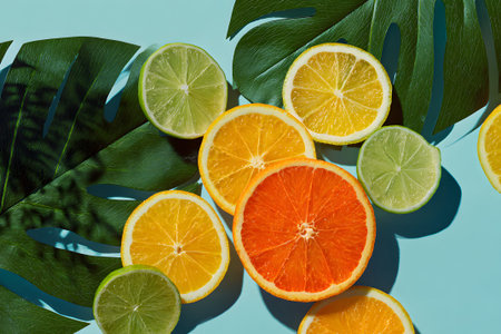Bright orange, lemon, and lime slices are artfully placed among green leaves on a soft blue surface. This arrangement captures a fresh, cheerful summer vibe.の素材