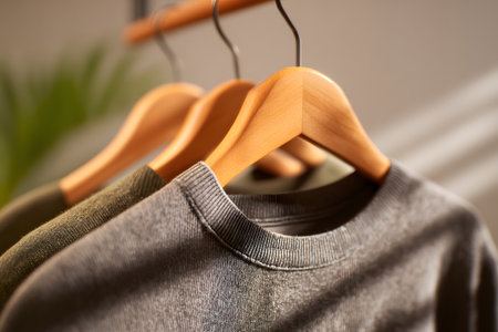 Soft morning light filters through blinds, illuminating a row of neatly hung shirts on wooden hangers. The colors are warm and inviting, showcasing an organized closet space.の素材