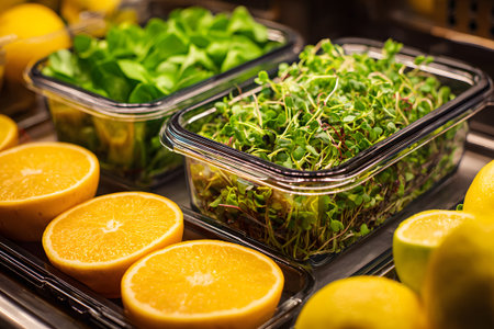 Fresh fruits and greens arranged neatly in containers at a marketの素材