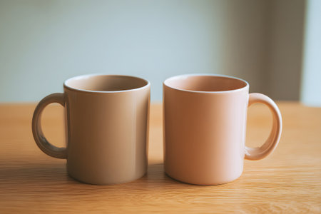 Two simple mugs in warm tones resting on a wooden table in a cozy indoor settingの素材