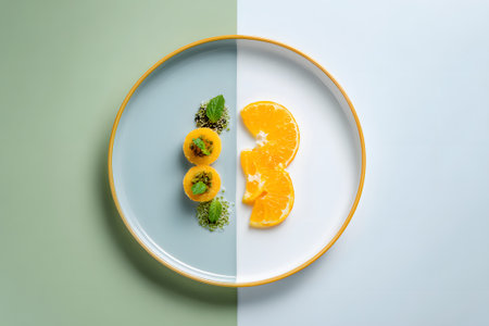 Citrus and mint artfully arranged on a colorful plate showing culinary creativityの素材