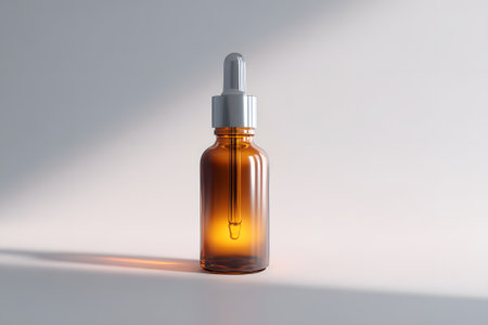 Brown glass dropper bottle stands alone with soft lighting highlighting its features and dropper in a simple settingの素材