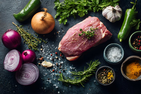 Fresh meat and vegetables with herbs and spices arranged on a dark countertopの素材