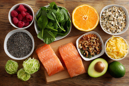 Healthy meal preparation with fresh ingredients including salmon, vegetables, nuts, and fruitsの素材