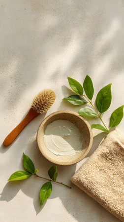 A clay mask sits in a round bowl with brushes nearby, accompanied by fresh green leaves and a soft towel. This setup suggests a calming beauty ritual.の素材