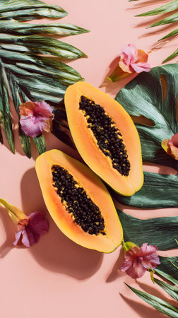 Bright papaya is sliced open, showing its black seeds and vibrant orange flesh. It is placed on a pink surface with green tropical leaves and colorful flowers, creating a lively arrangement.の素材