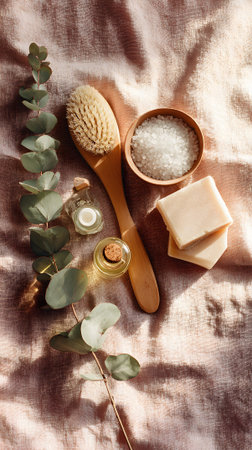 A collection of natural spa items including oils, bath salt, a wooden brush, and a soap bar, arranged neatly with eucalyptus leaves on a gray background.の素材