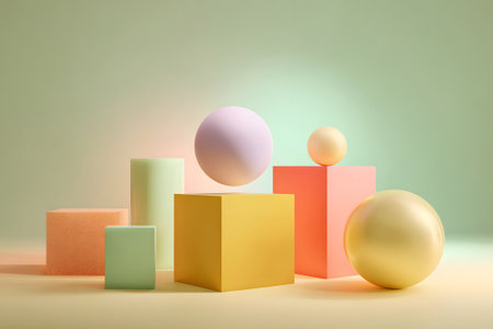 Bright geometric shapes in pastel colors are displayed artistically on a smooth surface. The arrangement includes spheres and cubes, creating an inviting and playful atmosphere.の素材