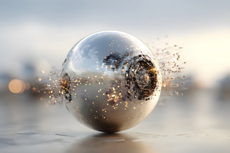 A reflective sphere floats above a surface, surrounded by shimmering particles. The soft glow illuminates nearby buildings as the sun sets, creating a surreal atmosphere.の素材