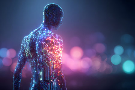 A digital figure filled with bright circuitry is shown in a thoughtful pose. The soft bokeh background features colorful lights, enhancing the futuristic feel. The scene combines technology and art.の素材