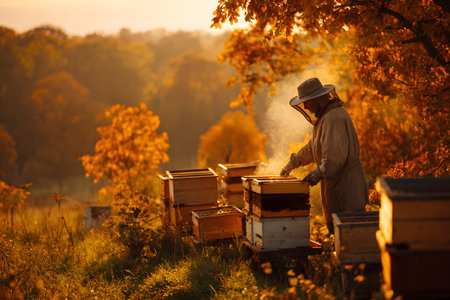 A beekeeper in protective gear works with beehives during early morning. The warm sunlight filters through trees, creating a serene autumn atmosphere filled with buzzing bees.の素材