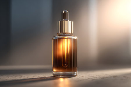 Elegant glass dropper bottle with golden liquid glowing in soft lightの素材