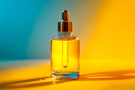Bright golden serum in a glass bottle under vibrant blue and yellow lightingの素材