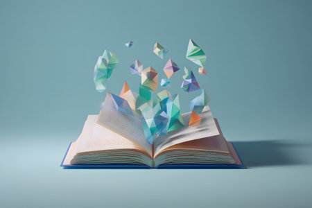 Colorful paper shapes float above an open book creating a magical scene with a serene backgroundの素材