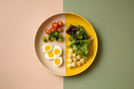 Colorful plate with boiled eggs, fresh salad, and cherry tomatoes displayed on a divided dish in a minimalist settingの素材