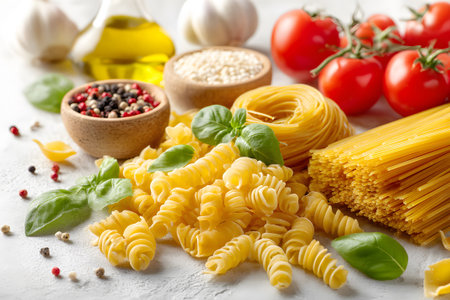 Fresh ingredients for making classic Italian pasta dish with tomatoes and herbs in a kitchen settingの素材