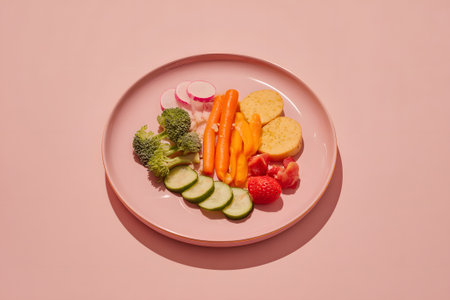 Colorful assortment of fresh vegetables and fruits arranged on a light pink plateの素材