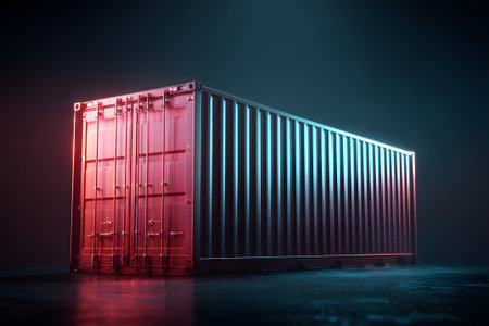 A large cargo container stands with its door open, casting warm light in a dimly lit warehouse. The scene highlights the container's steel texture and shadows.の素材