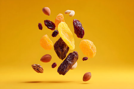 Colorful assortment of dried fruits and nuts is suspended mid-air, creating a lively scene. The bright yellow background enhances the visual appeal of the snack mix.の素材