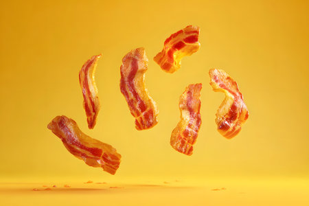 Bacon strips hover in the air, showing their crispy texture and appetizing color. The bright yellow backdrop enhances the savory appeal of the bacon.の素材