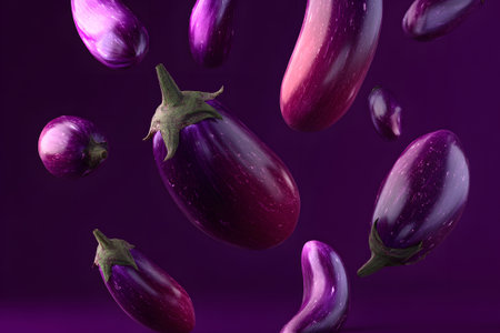 Vibrant eggplants are suspended in mid-air against a rich purple background, showing their smooth skin and unique shapes, adding a modern touch to kitchen decor.の素材