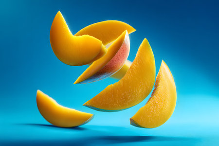 Mango slices are suspended in the air, showing their rich orange color against a solid blue background. This scene highlights the fresh and juicy nature of the fruit.の素材