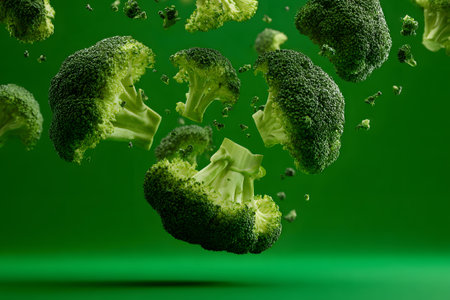 Bright green broccoli pieces are floating against a vivid green backdrop. The fresh vegetables seem to be suspended in the air, showing their textures and colors vividly.の素材