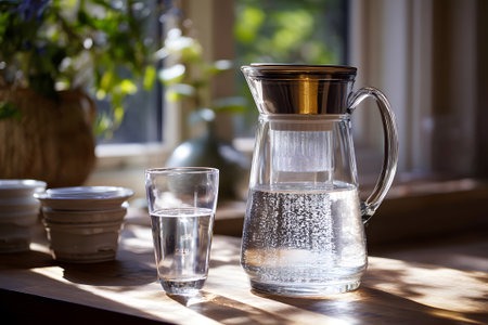A glass pitcher filled with clear water rests on a wooden table. Sunlight creates a rainbow effect as it shines through the pitcher, illuminating the surrounding glasses.の素材