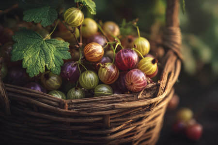 A woven basket is filled with colorful gooseberries in shades of red, yellow, and green. Surrounding the basket are vibrant green leaves, hinting at a warm sunny day in a garden.の素材