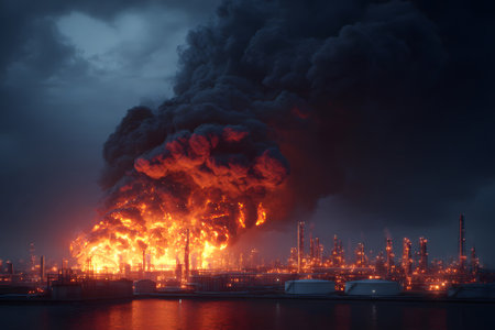 A large refinery is engulfed in flames during the night. Bright orange fire illuminates the area, creating a dramatic and dangerous scene. Thick smoke rises into the sky.の素材