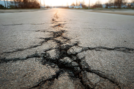 A close-up view of deep cracks on a deserted asphalt road. The ground shows significant damage, indicating possible geological activity. Bright morning light adds contrast to the scene.の素材