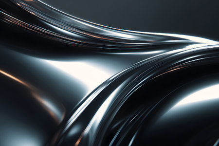 Bright metallic surfaces showcase smooth curves and reflections, creating a sleek visual effect in a dimly lit environment. The design emphasizes modern aesthetics.の素材