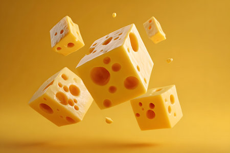Cubes of yellow cheese with characteristic holes appear to be floating in mid-air against a vibrant yellow background. The bright colors highlight the cheese's texture and details.の素材