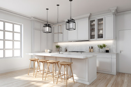 A clean and modern kitchen features a white island with wooden stools. The room has large windows allowing natural light to fill the space, enhancing its bright atmosphere.の素材
